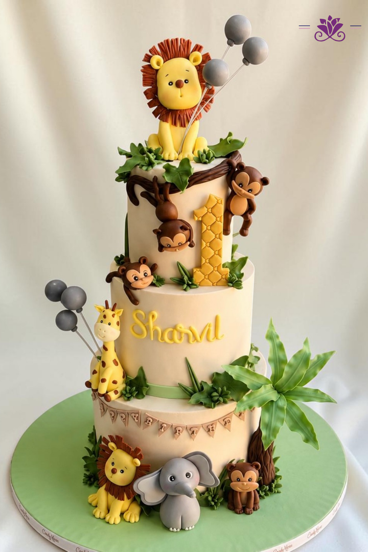Fun and adorable 3-tier jungle safari birthday cake