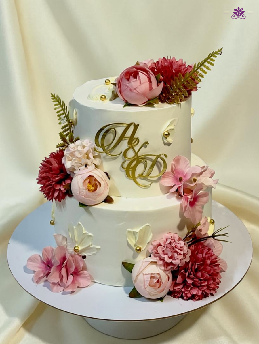 Elegant Floral Engagement Cake with Monogram Initials, Fresh Flowers & Gold Accents (Eggless Designer Cake)