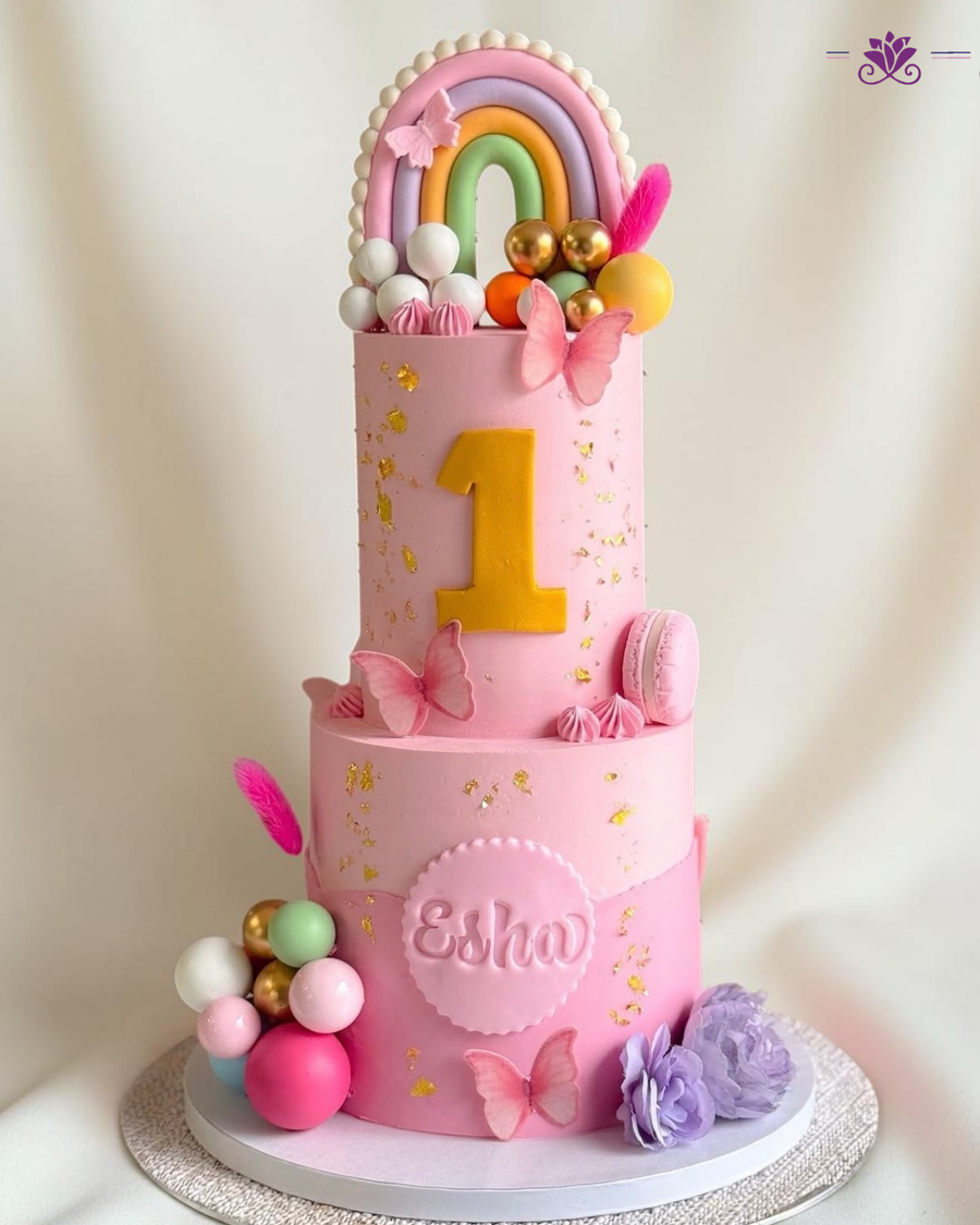 Pretty  Pink Rainbow & Butterfly 1st Birthday Cake