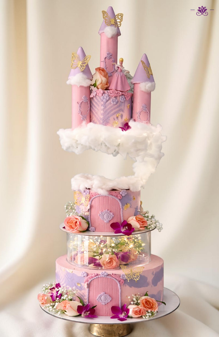 Anti Gravity Princess Castle Cake with Floating Cloud Tier, Floral Decor & LED Base (Eggless Designer Cake)