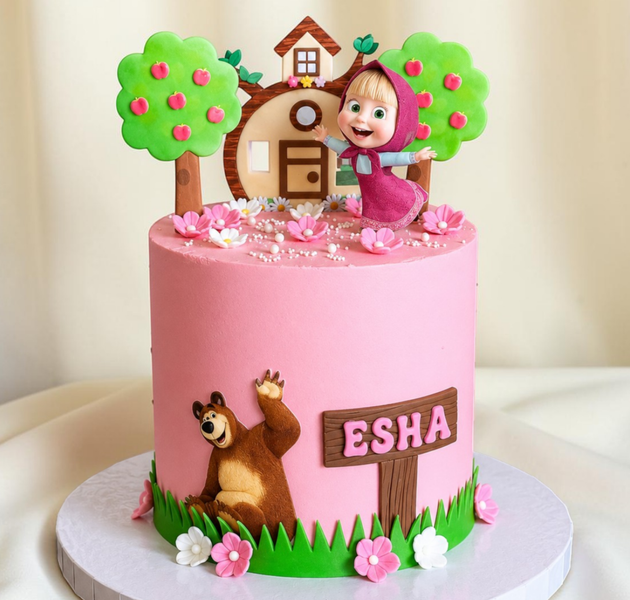 Masha and the Bear Garden Theme Birthday Cake