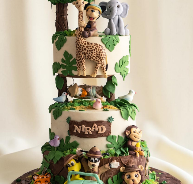 Luxury Jungle Safari Anti-Gravity Cake with Animal Figures & Tree Design
