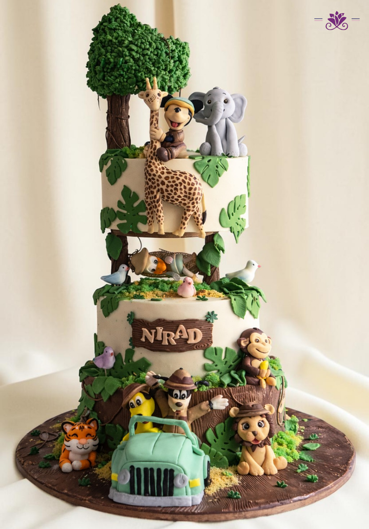 Luxury Jungle Safari Anti-Gravity Cake with Animal Figures & Tree Design