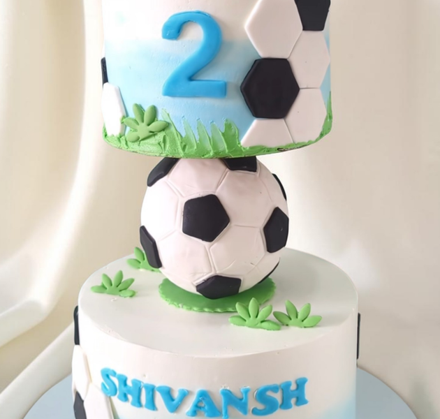 Football Theme Anti Gravity Cake with Balancing Soccer Ball & Player Topper (Eggless Designer Cake)