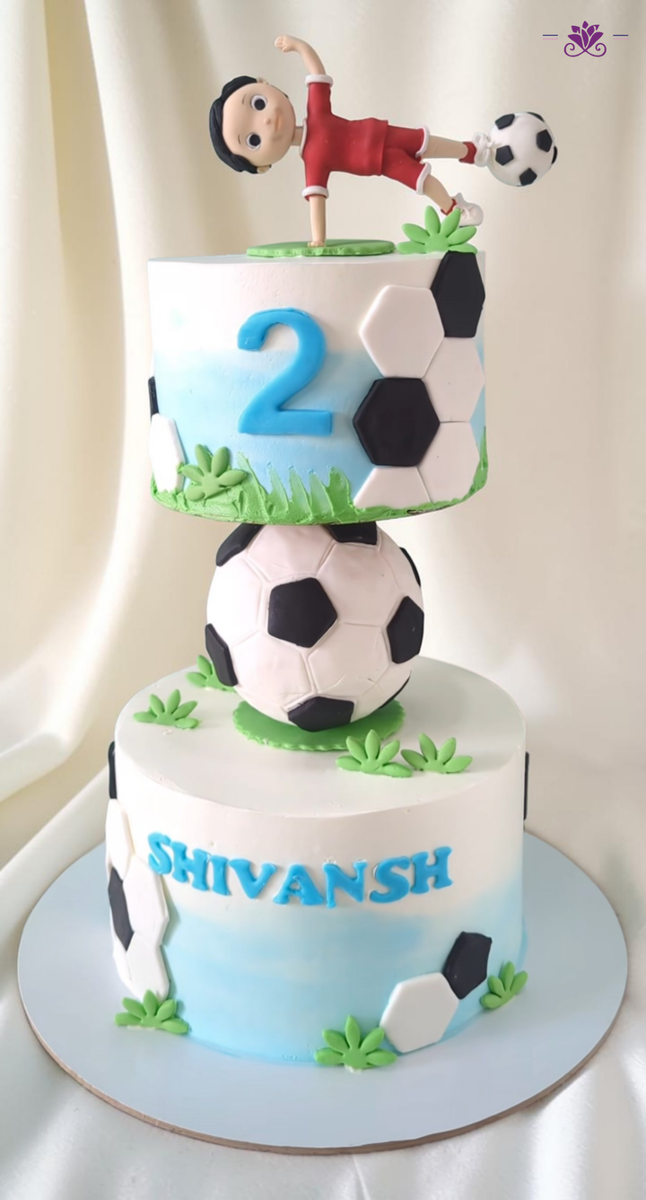 Football Theme Anti Gravity Cake with Balancing Soccer Ball & Player Topper (Eggless Designer Cake)