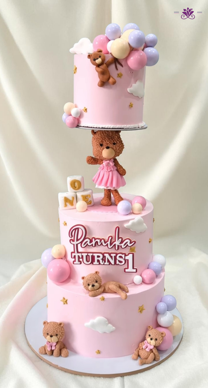 Teddy Bear Theme 1st Birthday Anti-Gravity Cake with Balloons & Cute Bear Toppers (Eggless Designer Cake)