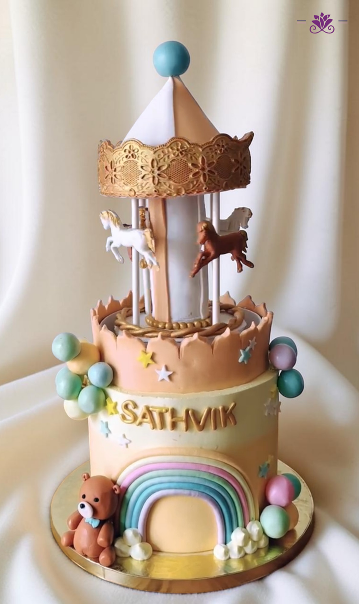 Carousel Theme Birthday Cake with Rotating Horses, Pastel Rainbow Design & Teddy Detail (Eggless Designer Cake)