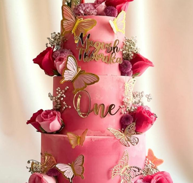 1st Birthday Butterfly Floral Cake with Pink Theme & Rainbow Topper