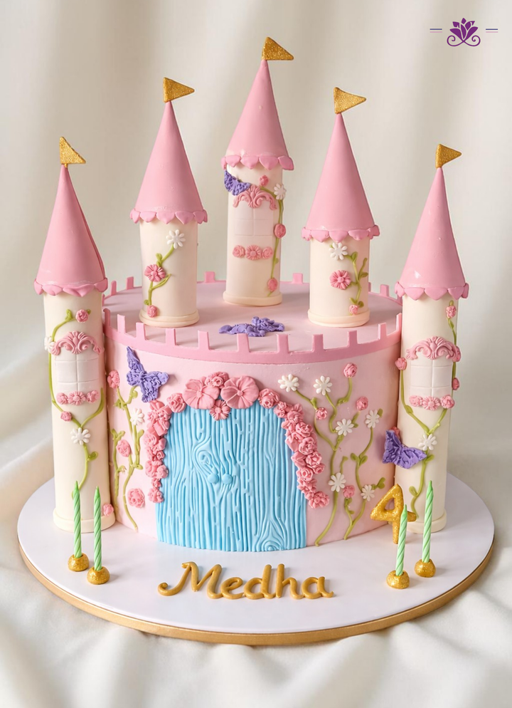 Princess Castle Theme Birthday Cake with Fairytale Design, Floral Details & Tower Structure (Eggless Designer Cake)
