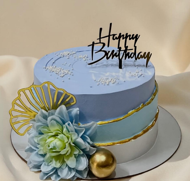 Pastel Blue Birthday Cake with Gold Accents, Floral Design & Minimal Finish (Eggless Designer Cake)