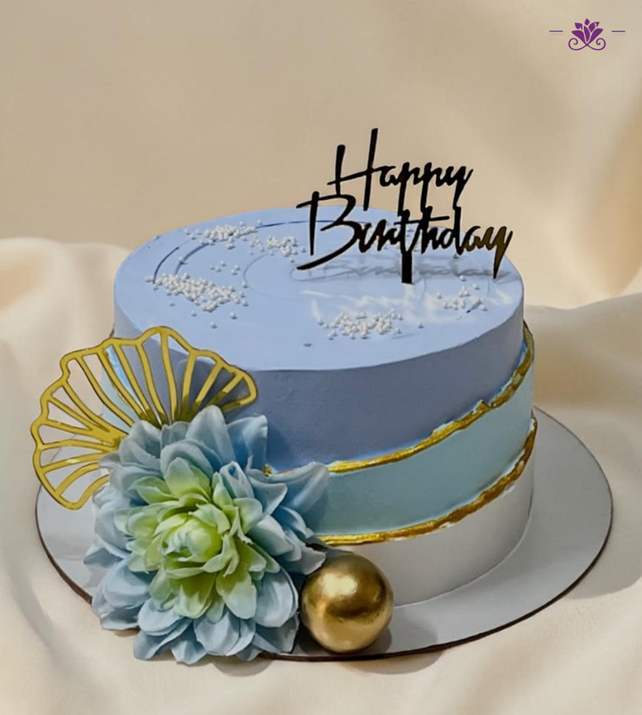Pastel Blue Birthday Cake with Gold Accents, Floral Design & Minimal Finish (Eggless Designer Cake)