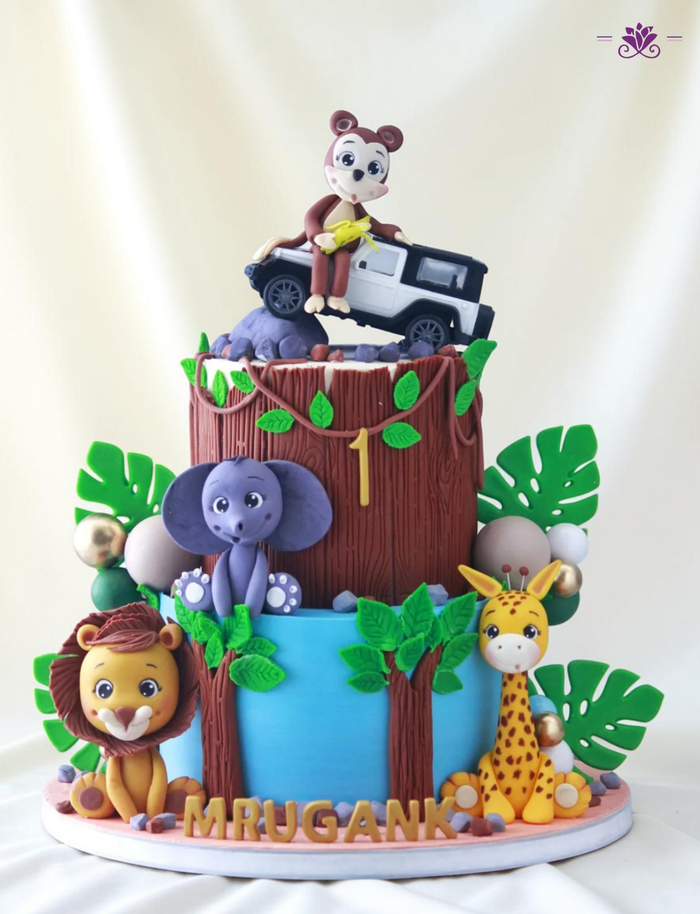 Luxury Jungle Safari & Thar Car First Birthday Cake