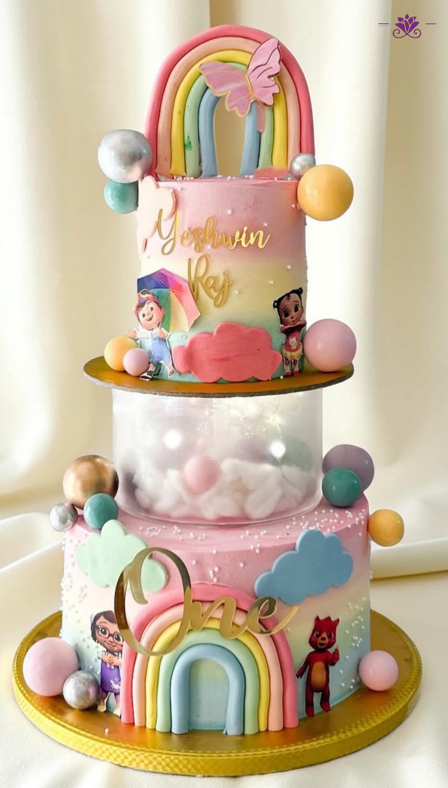 Rainbow Cartoon 1st Birthday Cake with Transparent Surprise Tier & Pastel Design (Eggless Designer Cake)