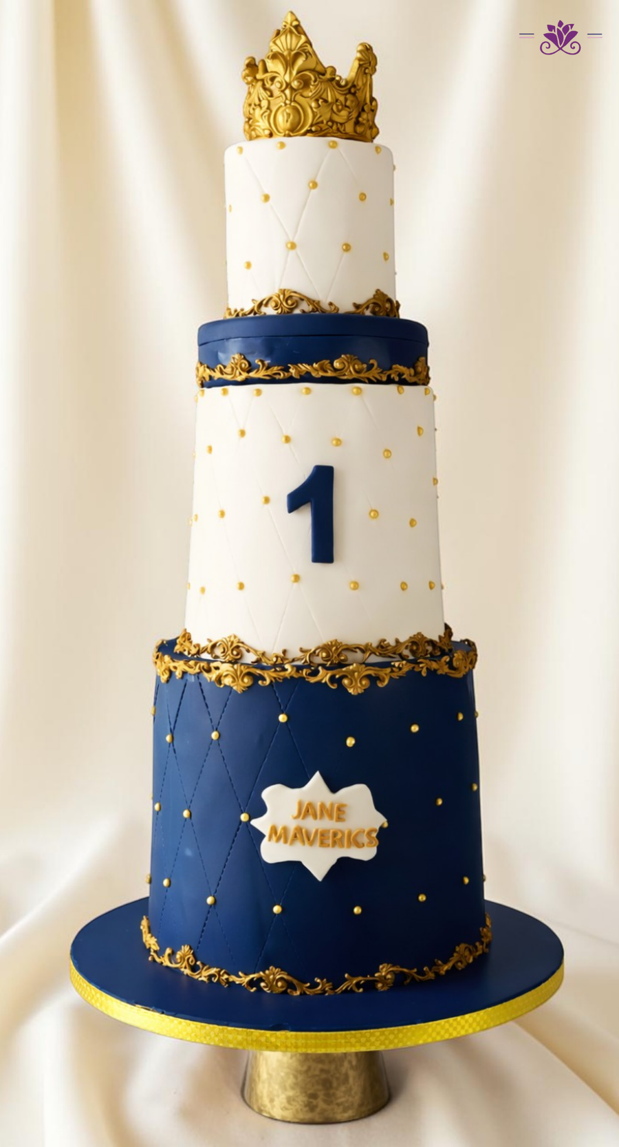 Royal Prince 1st Birthday Cake with Gold Crown, Blue & White Theme (Eggless Designer Cake)