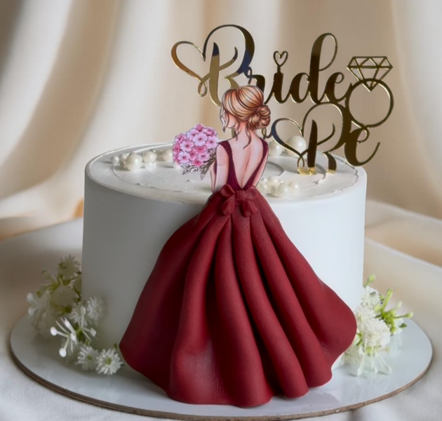 Bride To Be Designer Cake with Red Gown Figurine & Elegant Pearl Finish (Eggless Wedding Cak