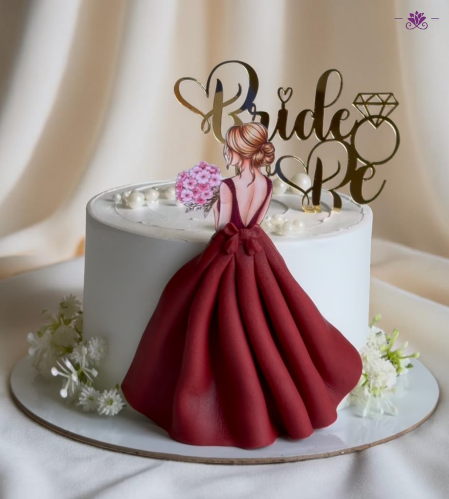 Bride To Be Designer Cake with Red Gown Figurine & Elegant Pearl Finish (Eggless Wedding Cak