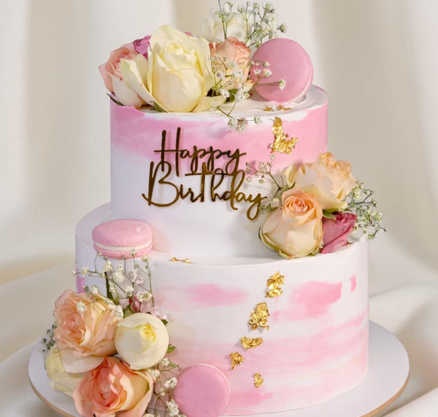 Luxury Pastel Floral Birthday Cake with Roses, Macarons & Gold Leaf Finish (Eggless Designer Cake)