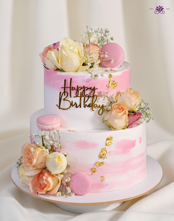 Luxury Pastel Floral Birthday Cake with Roses, Macarons & Gold Leaf Finish (Eggless Designer Cake)