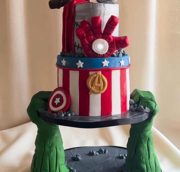 Avengers Anti-Gravity Theme Cake with Thor Hammer & Iron Man Design