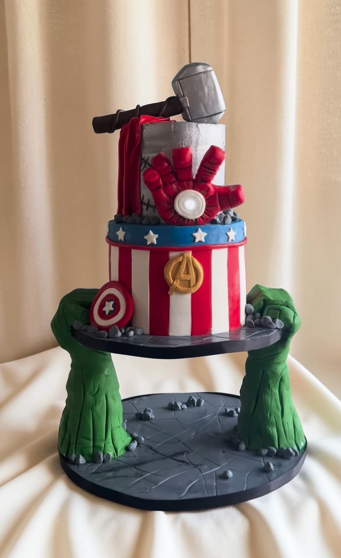 Avengers Anti-Gravity Theme Cake with Thor Hammer & Iron Man Design
