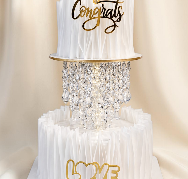 Luxury Chandelier Engagement Cake with Crystal Drop Illusion & White Pleated Design (Eggless Designer Cake)