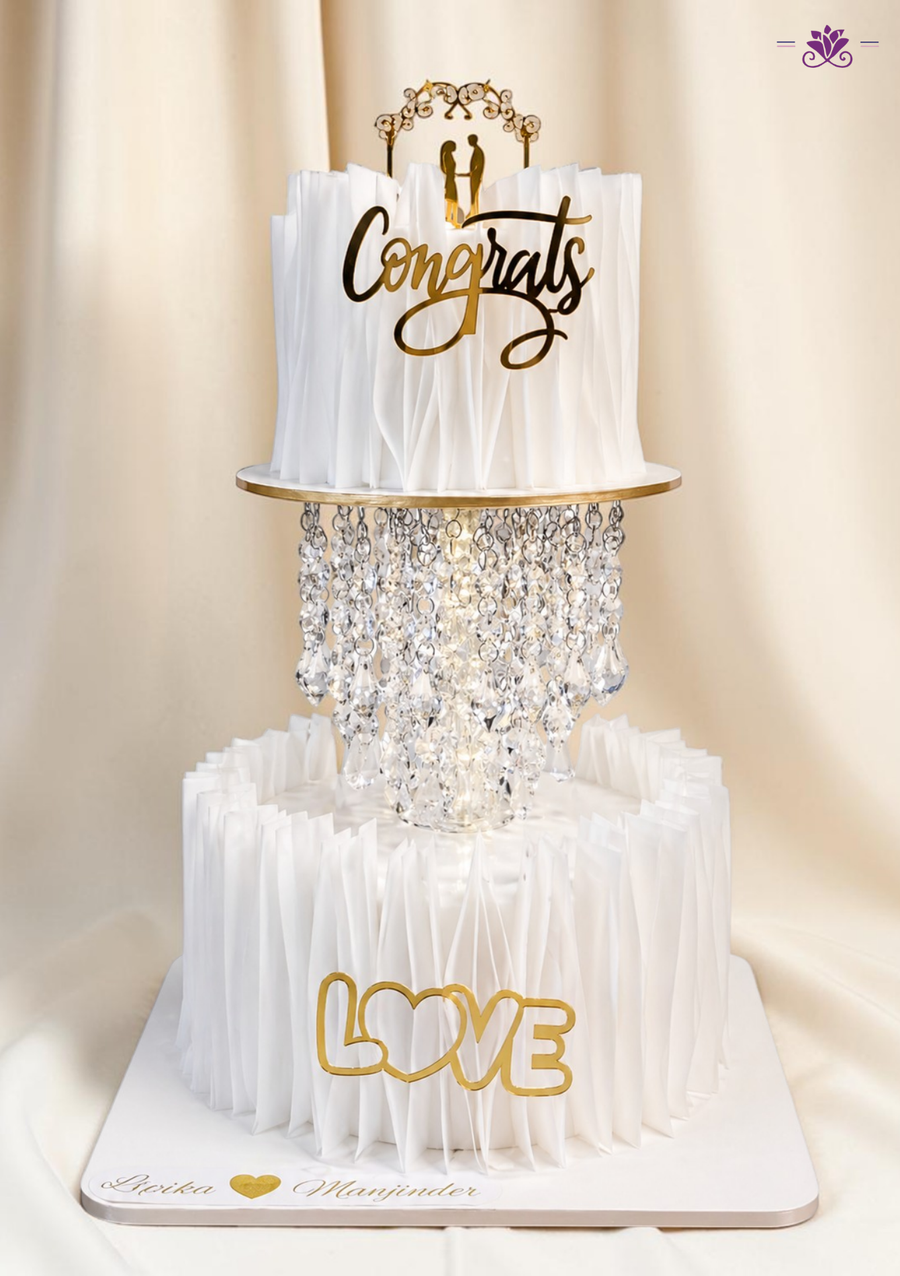 Luxury Chandelier Engagement Cake with Crystal Drop Illusion & White Pleated Design (Eggless Designer Cake)