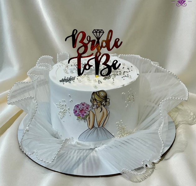 Elegant Bride To Be Cake with Veil Design, Pearl Finish & Bridal Illustration (Eggless Designer Cake)