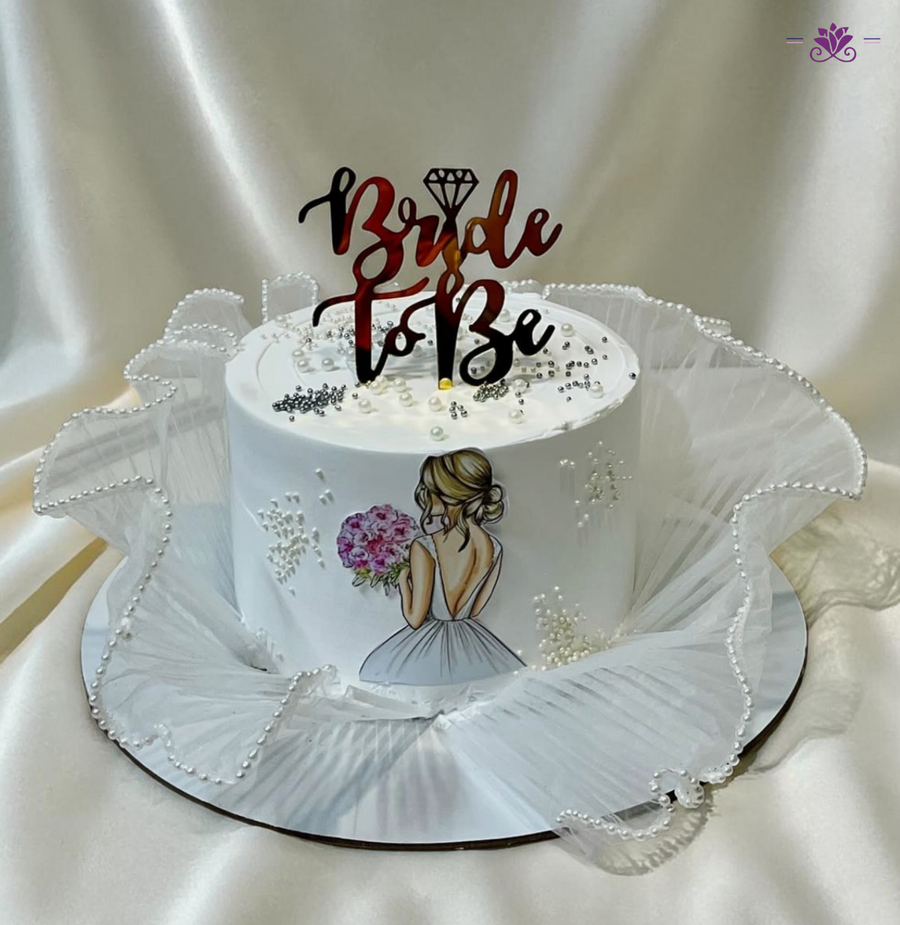 Elegant Bride To Be Cake with Veil Design, Pearl Finish & Bridal Illustration (Eggless Designer Cake)