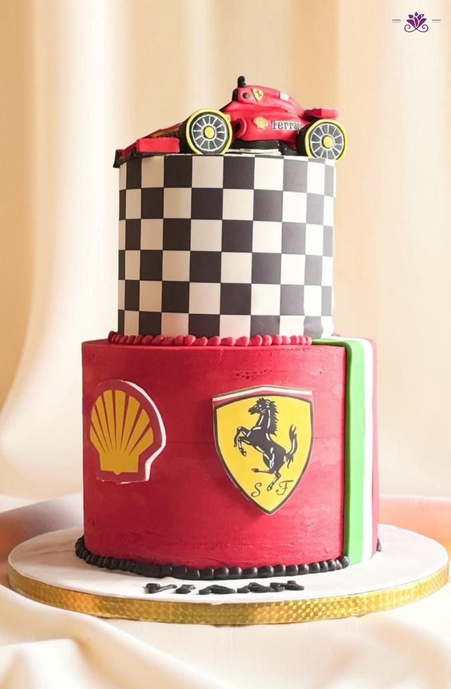 Ferrari Formula 1 Racing Theme Cake with Checkered Finish Design & Car Topper (Eggless Designer Cake)