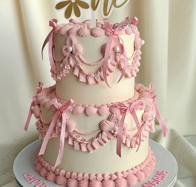 Vintage Pink Ribbon Birthday Cake
