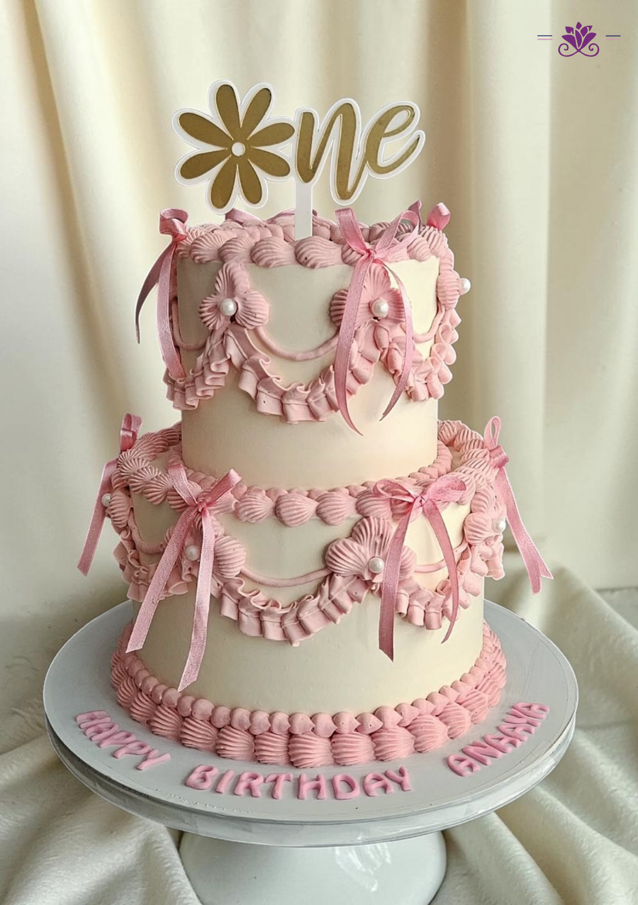 Vintage Pink Ribbon Birthday Cake