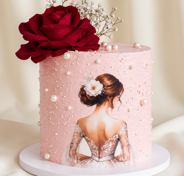 Elegant Blush Bride Cake with Red Rose & Pearl Finish (Luxury Bridal / Engagement Designer Cake – Eggless)