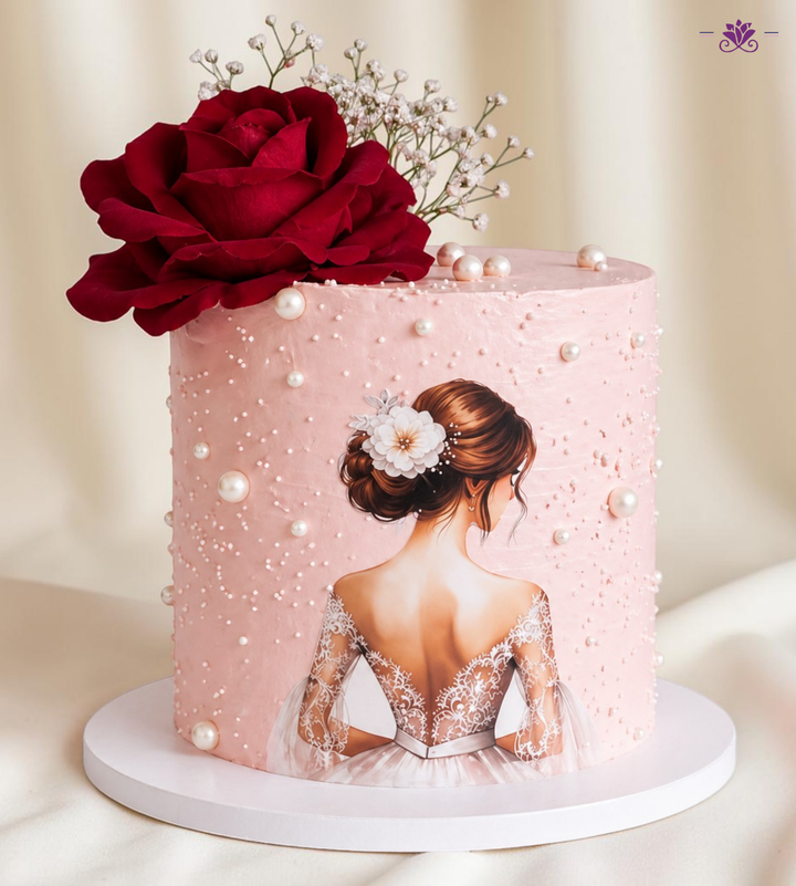 Elegant Blush Bride Cake with Red Rose & Pearl Finish (Luxury Bridal / Engagement Designer Cake – Eggless)