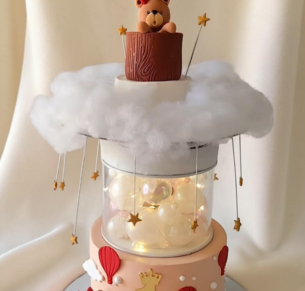 Luxury Rotating Hot Air Balloon Teddy Cake with Lights (1st Birthday Moving Designer Cake – Eggless)