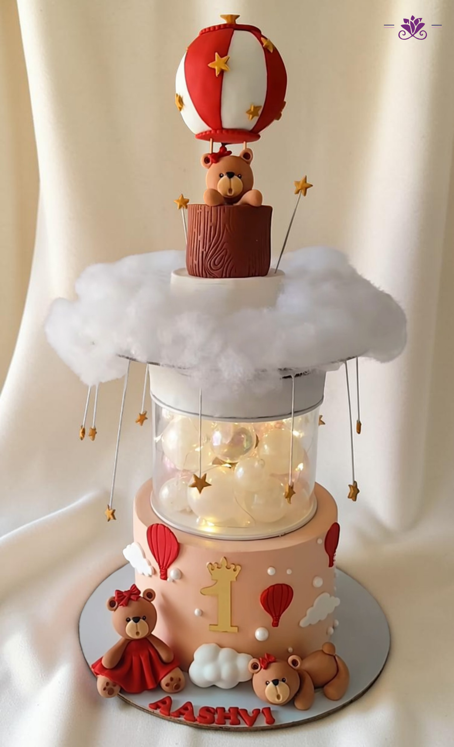 Luxury Rotating Hot Air Balloon Teddy Cake with Lights (1st Birthday Moving Designer Cake – Eggless)