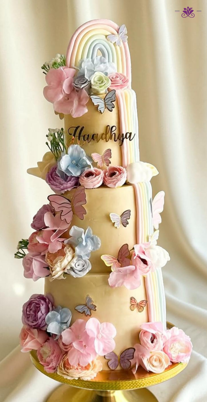 Luxury Floral Rainbow Butterfly Cake with Pastel Flowers & Elegant Design (Eggless Designer Cake)