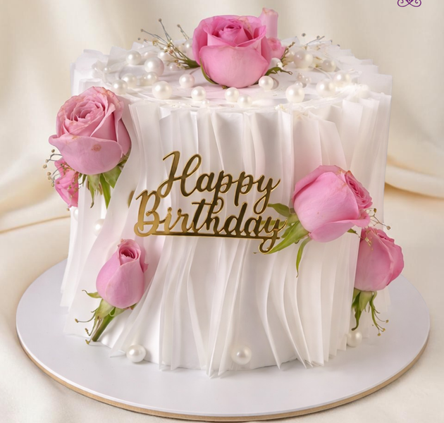 Luxury Floral Pleated Birthday Cake with Pink Roses & Pearl Finish (Eggless Designer Cake)