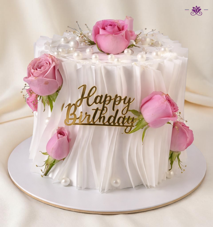 Luxury Floral Pleated Birthday Cake with Pink Roses & Pearl Finish (Eggless Designer Cake)