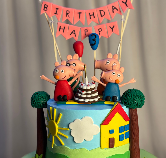 Peppa Pig Family & Little Yellow Hill House 3rd Birthday Cake