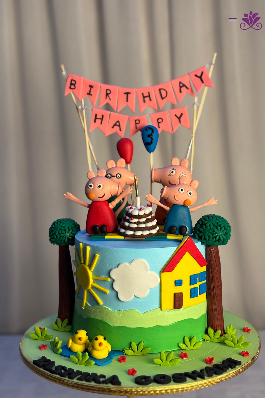 Peppa Pig Family & Little Yellow Hill House 3rd Birthday Cake