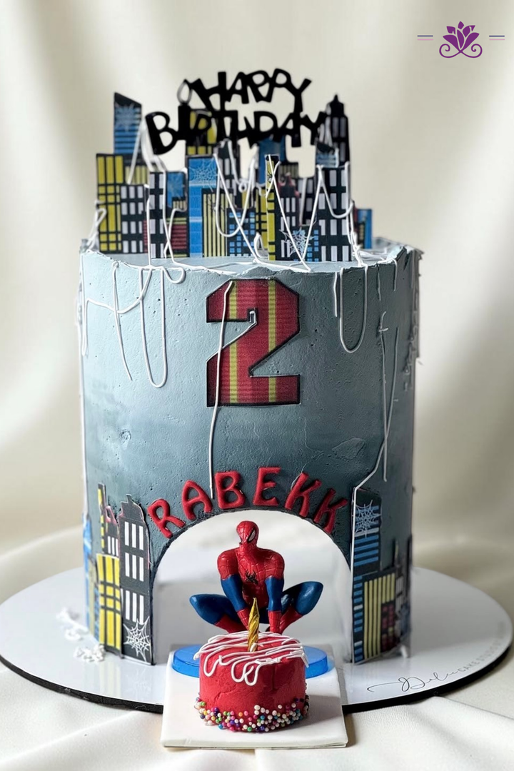 Spider-Man featuring a city skyline Themed Birthday Cake