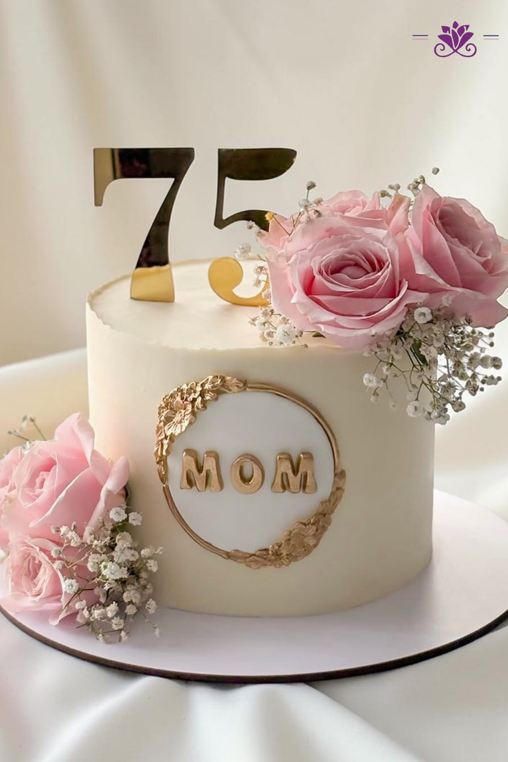 Beautiful white and gold 75th birthday cake for Mom