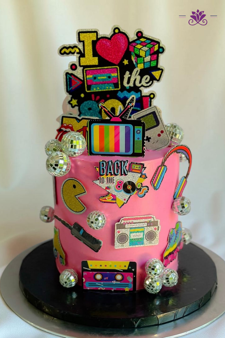 Vibrant Back to the 80s retro birthday cake