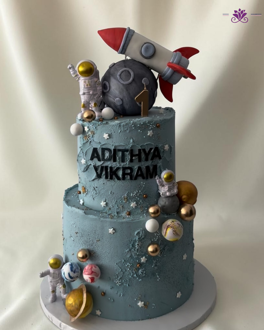 A striking 2-Tier Astronaut &amp; Rocket Space Theme Cake