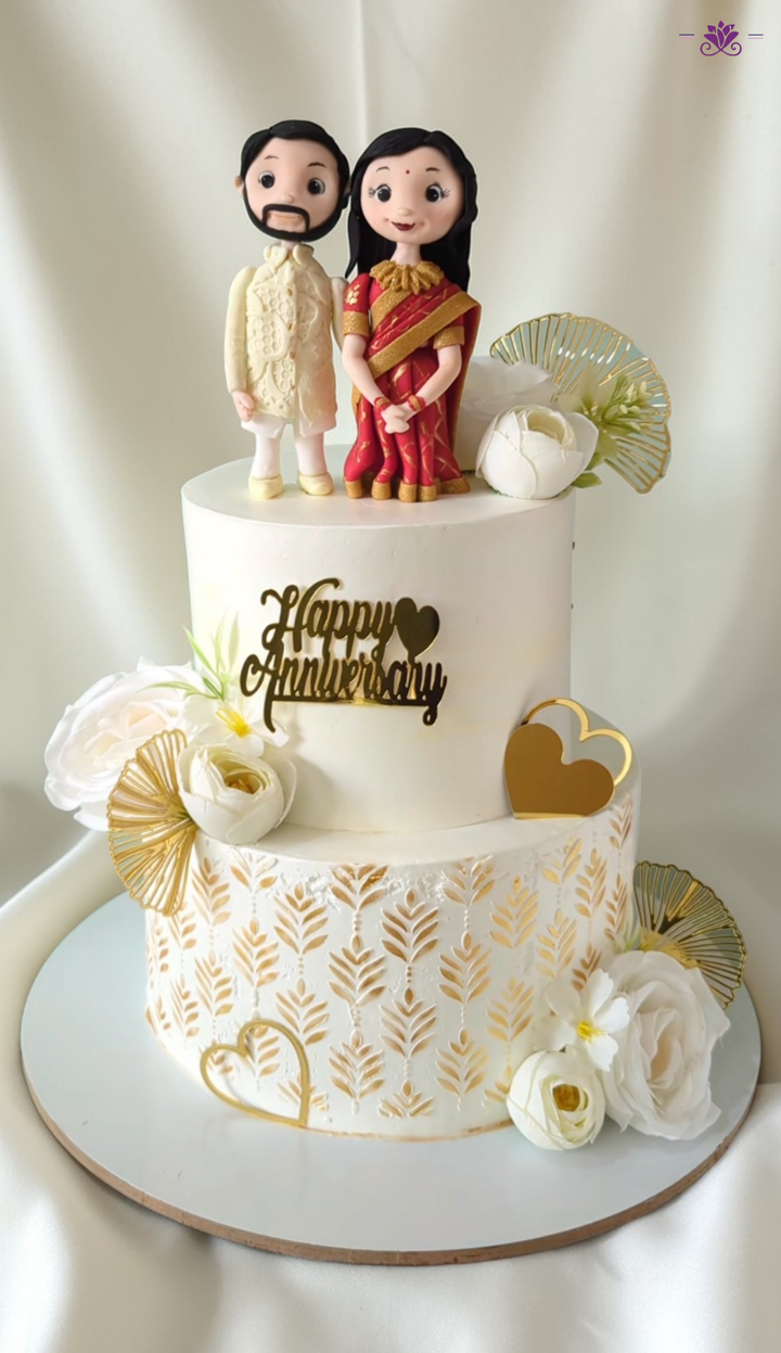 Custom Couple Anniversary Cake with Traditional Indian Theme & Elegant Floral Design