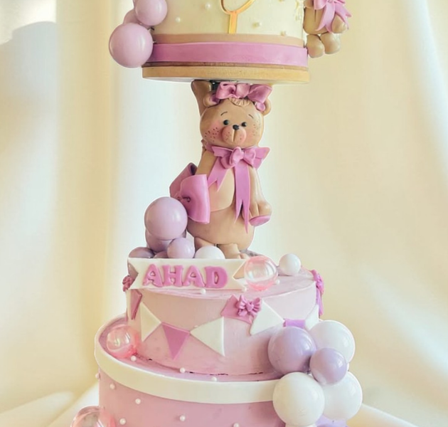 Pink Teddy Bear Anti-Gravity Birthday Cake with Balloon & Toy Train Theme