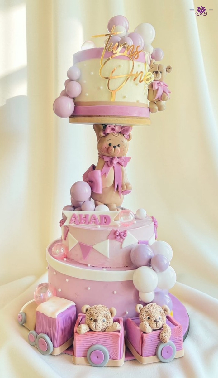 Pink Teddy Bear Anti-Gravity Birthday Cake with Balloon & Toy Train Theme