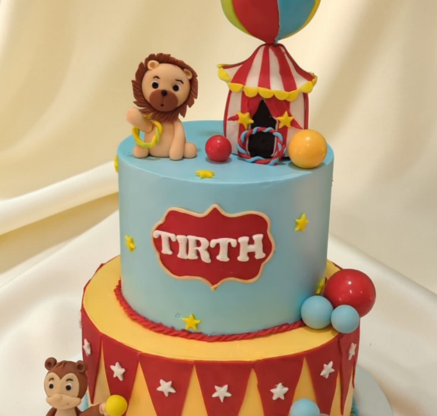 Circus Theme Animal Birthday Cake with Carnival Tent & Elephant Topper