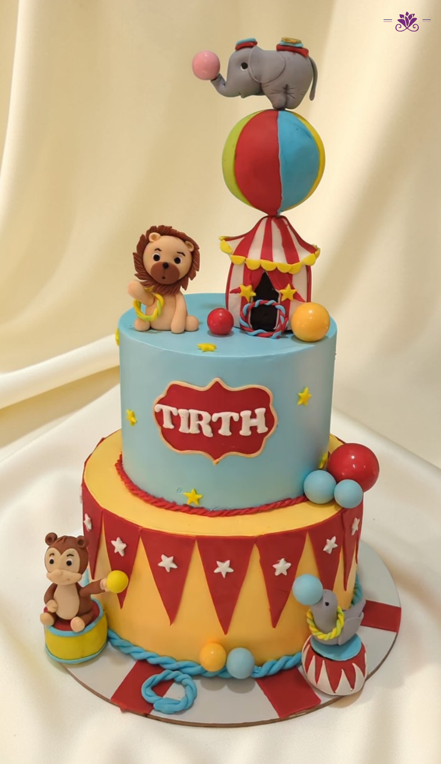 Circus Theme Animal Birthday Cake with Carnival Tent & Elephant Topper