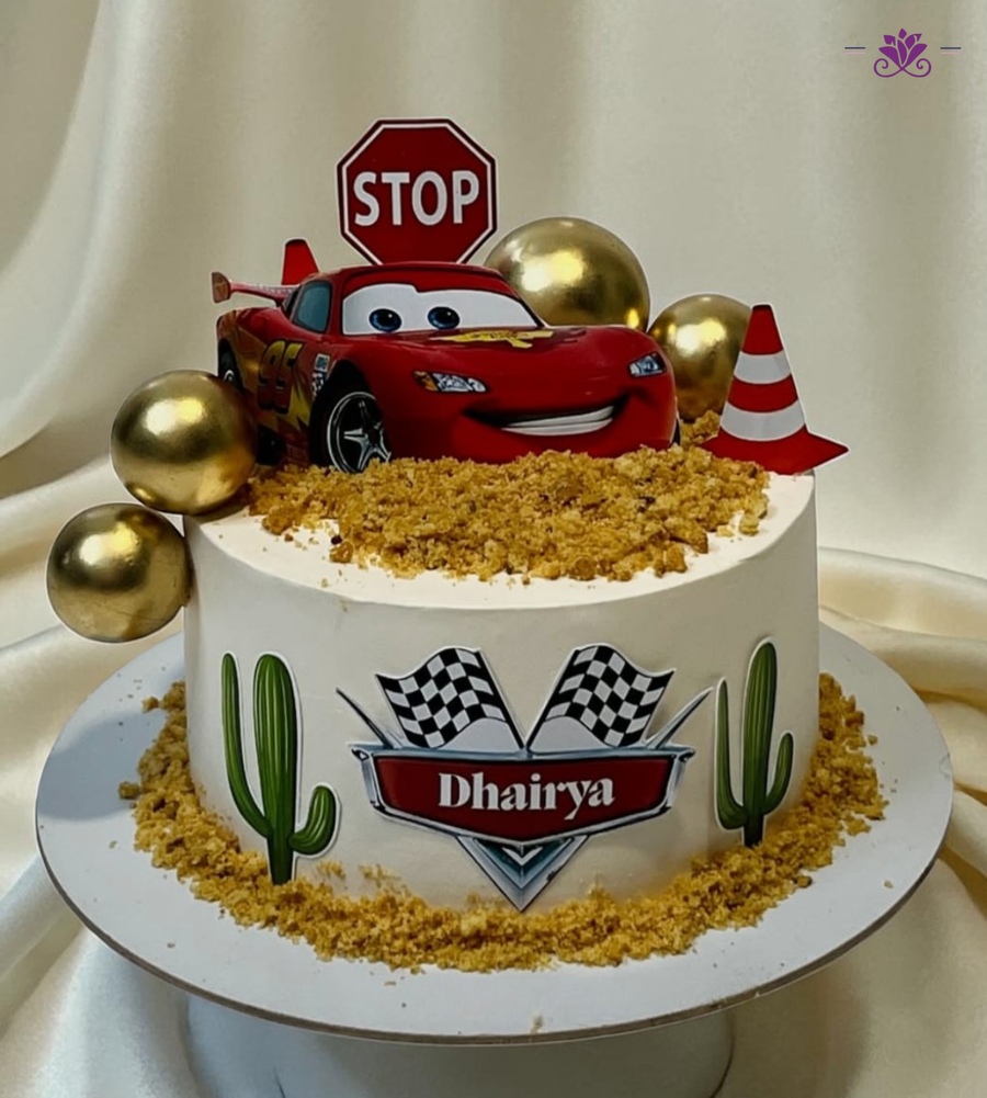 Cars Theme Birthday Cake with Lightning McQueen, Racing Elements & Custom Name (Eggless Designer Cake)